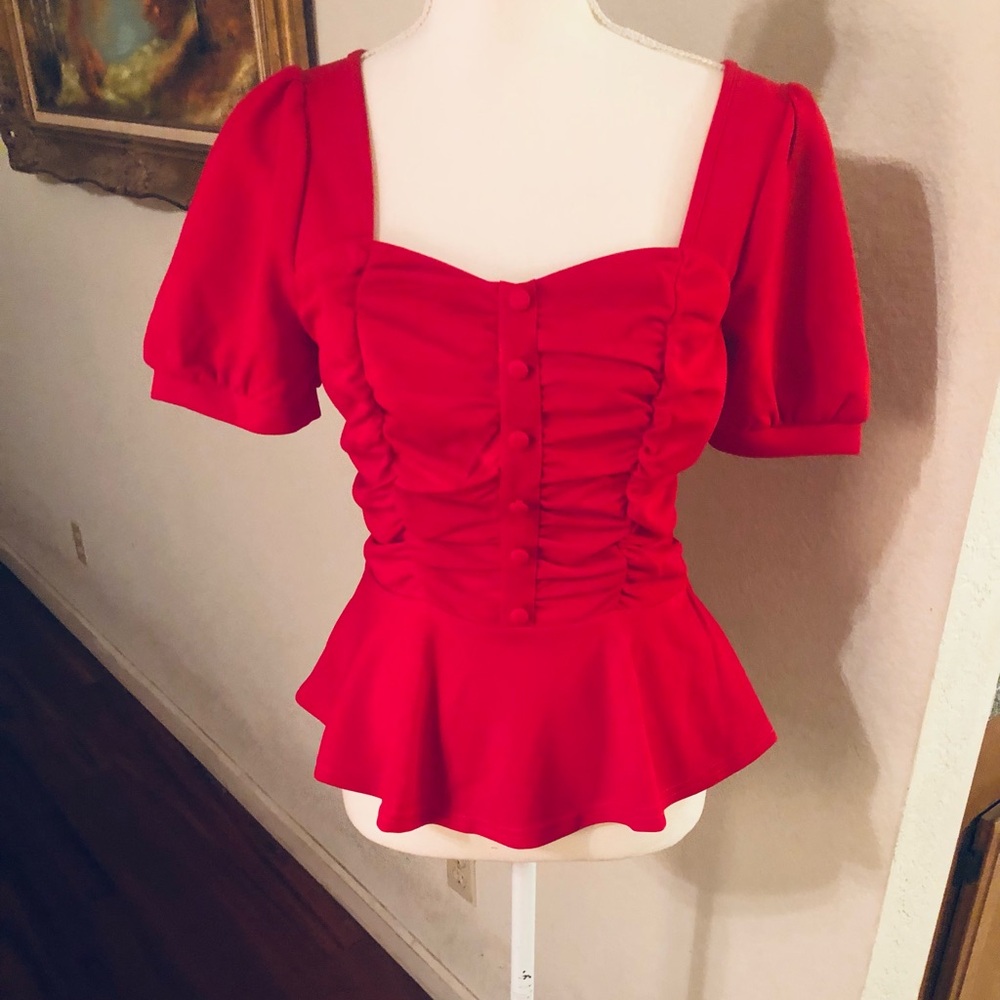 Belle Poque Peplum Pullover Retro Christmas red Sweetheart Neck Top